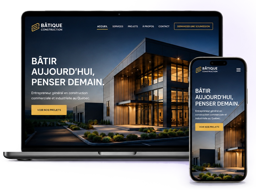 Concept haute qualité d’un site de construction présenté sur ordinateur et téléphone